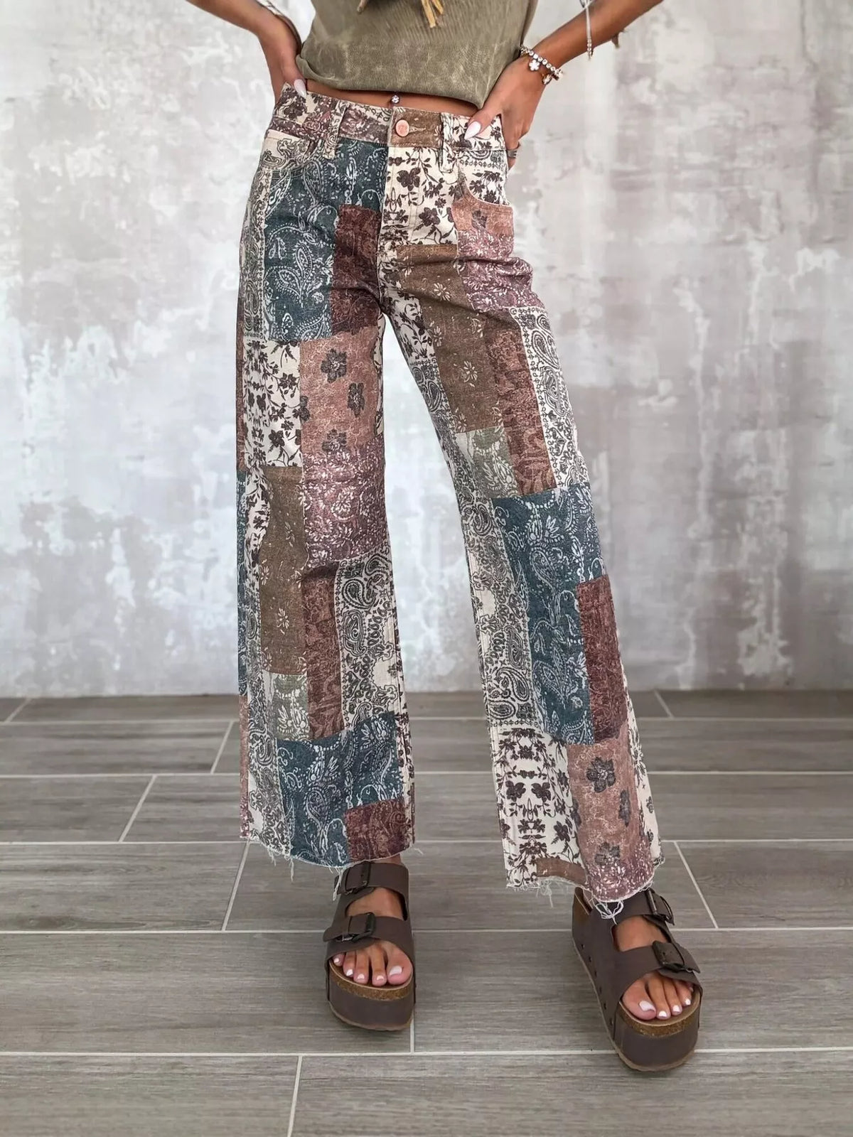 Boho-Chic Patchwork Print Flare Pants