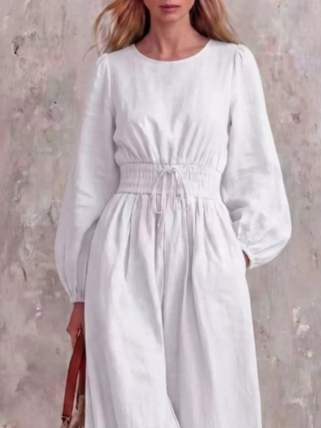 Smocked Waist Long-Sleeve Jumpsuit