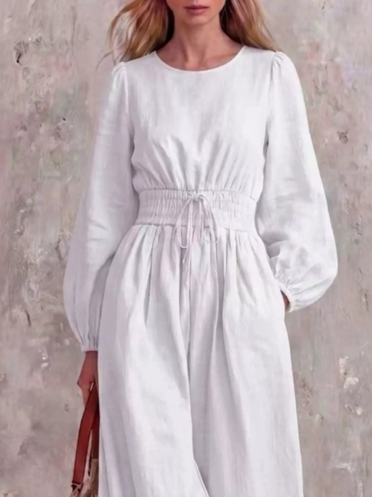 Smocked Waist Long-Sleeve Jumpsuit