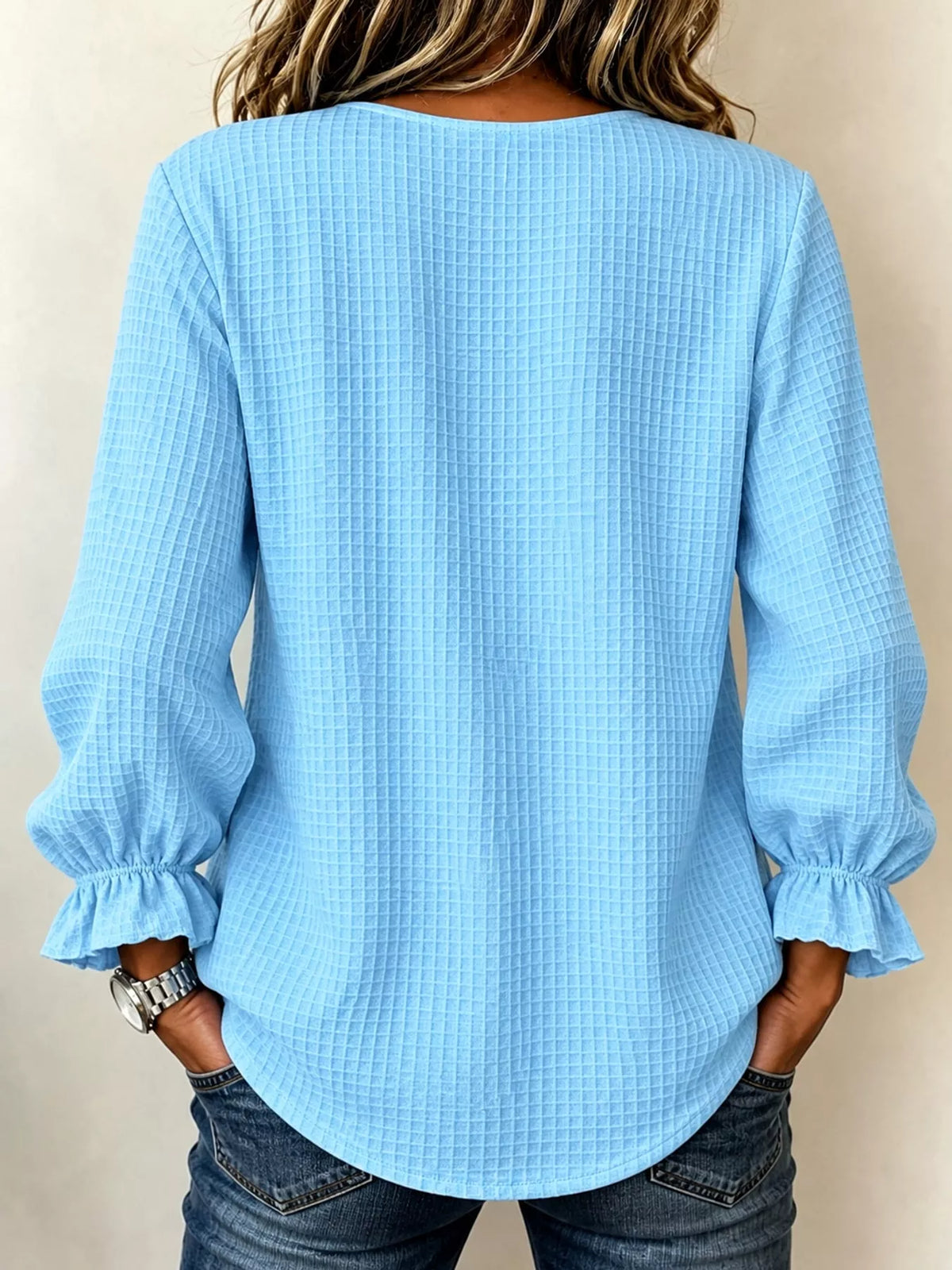 Full Size Waffle Knit Flounce Sleeve Blouse Plus Size
