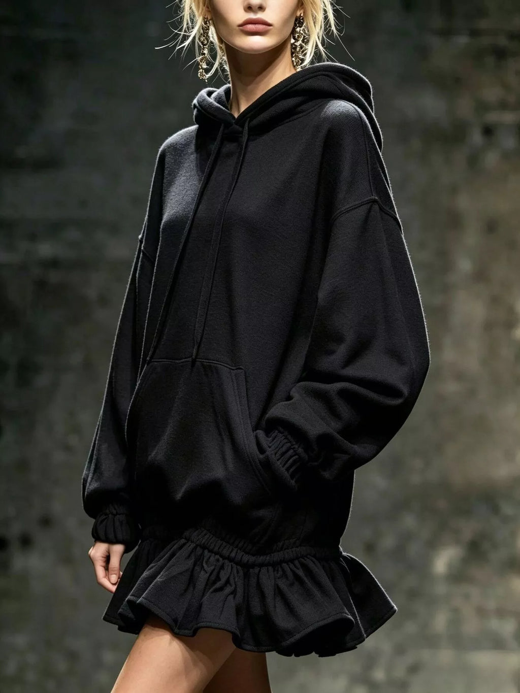 Casual Chic Hoodie Sweatshirt Mini Dress with Ruffled Hem