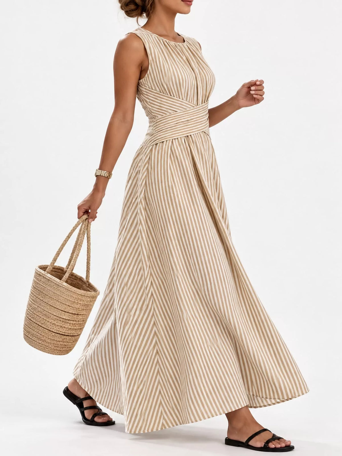 Full Size Sleeveless Striped Maxi Dress with Criss-Cross Waist Detail Plus Size
