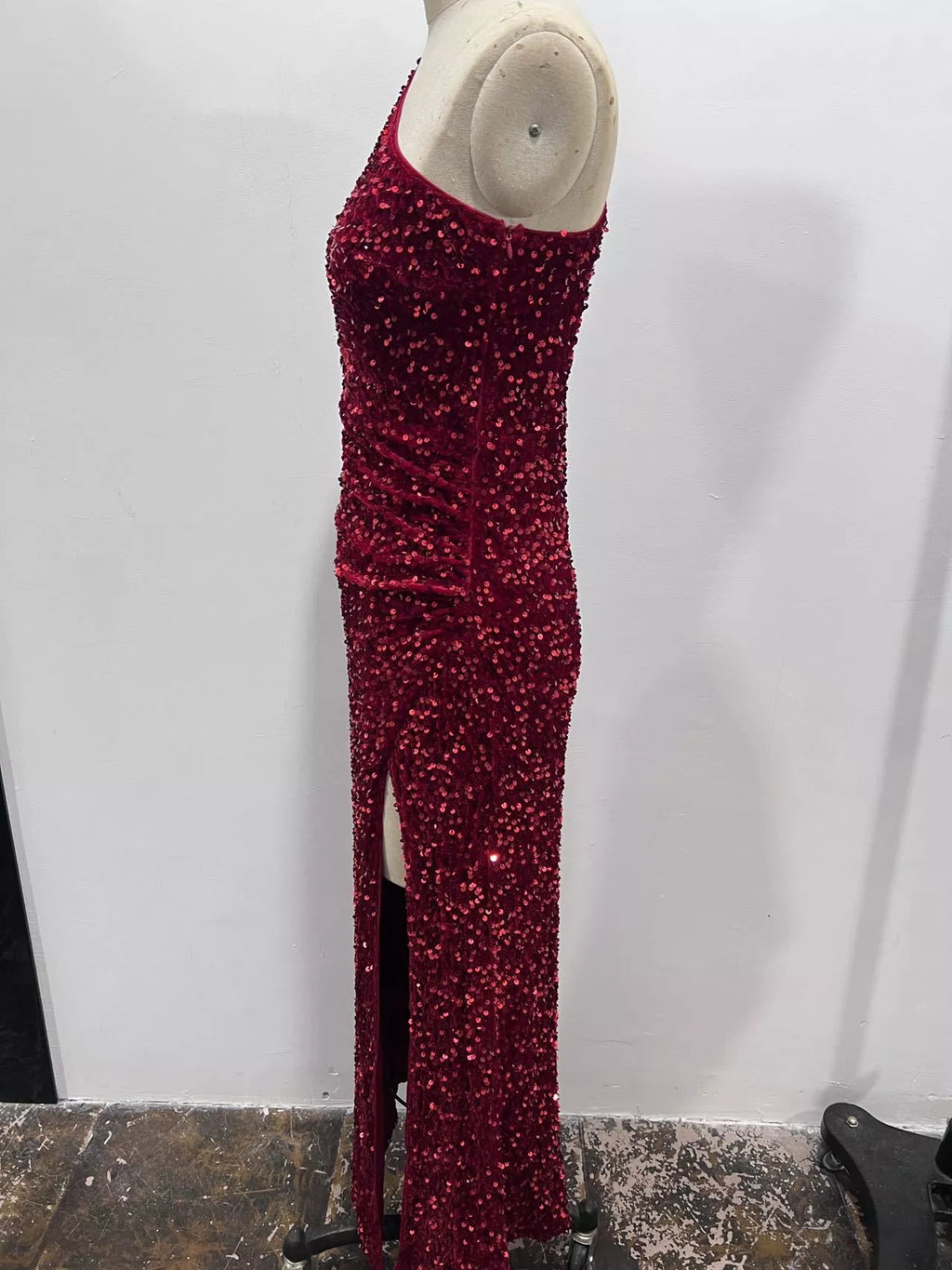 One-Shoulder Ruched Sequin High-Slit Evening Dress