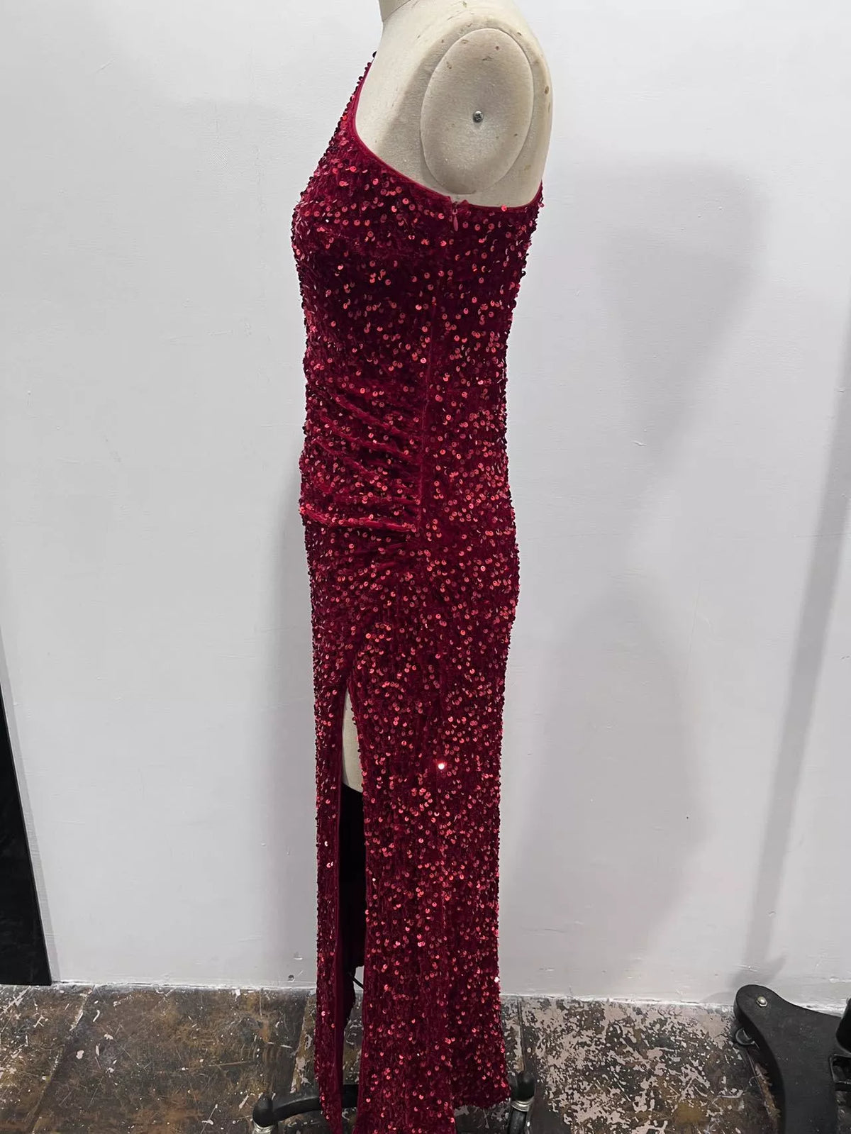 One-Shoulder Ruched Sequin High-Slit Evening Dress