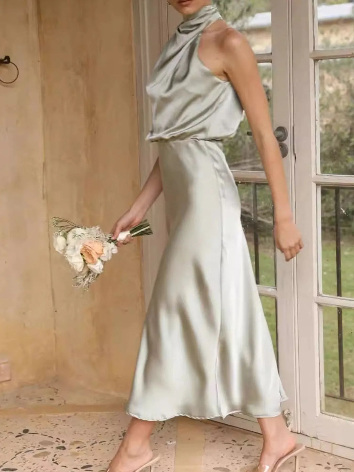 Asymmetrical Ruched Sleeveless Midi Dress
