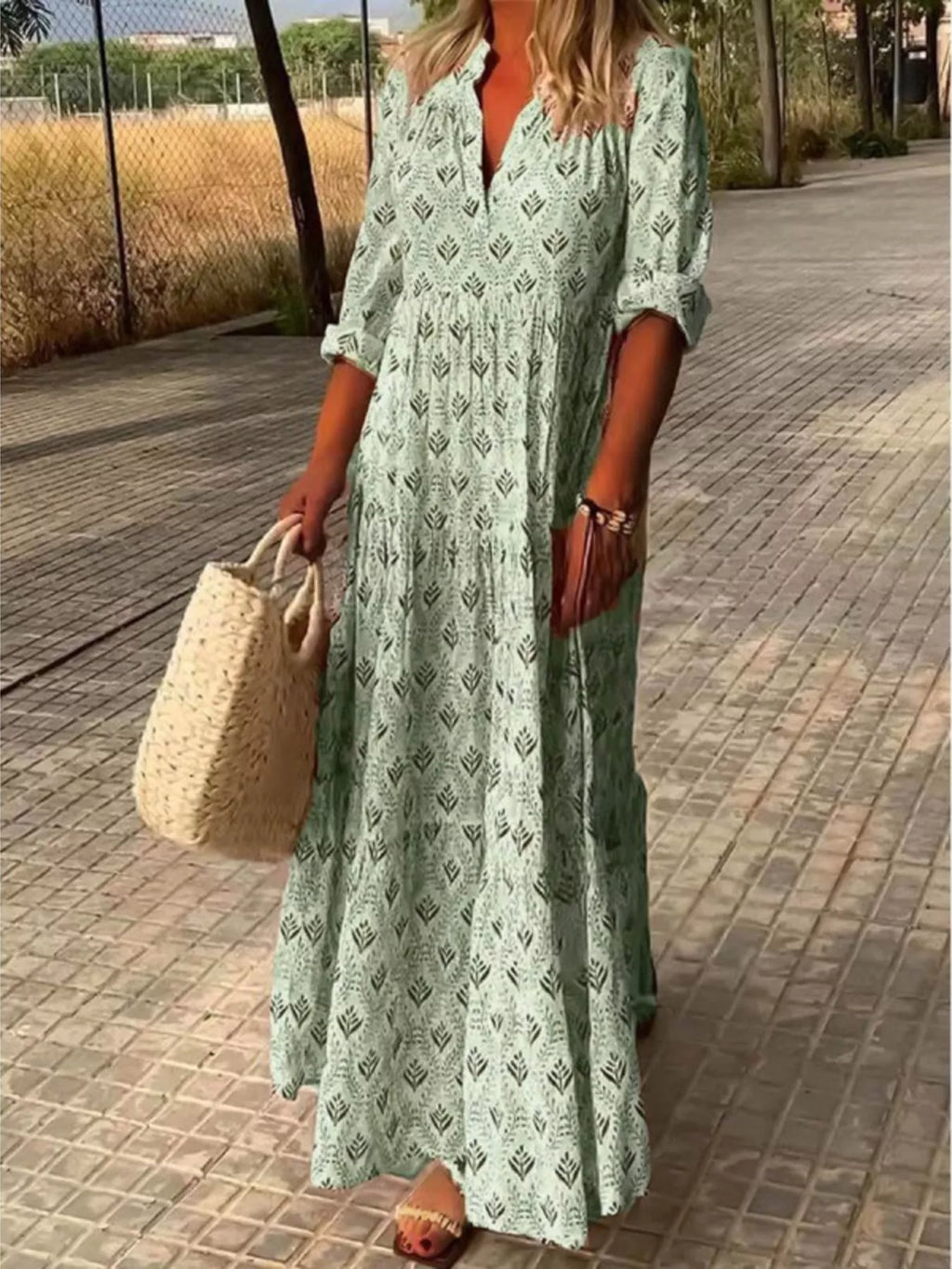 Full Size Printed Notched Tiered Maxi Dress Plus Size