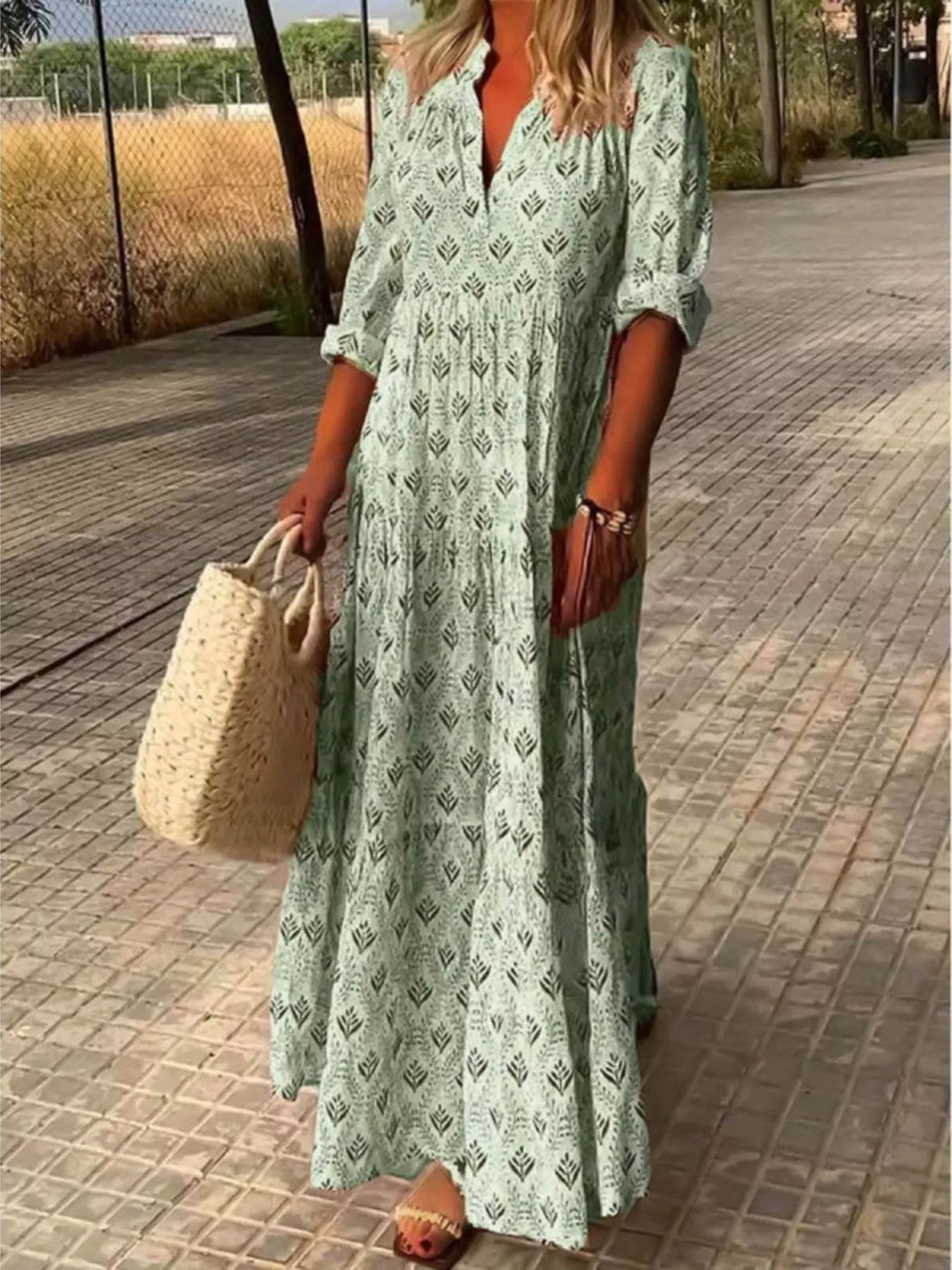 Full Size Printed Notched Tiered Maxi Dress Plus Size