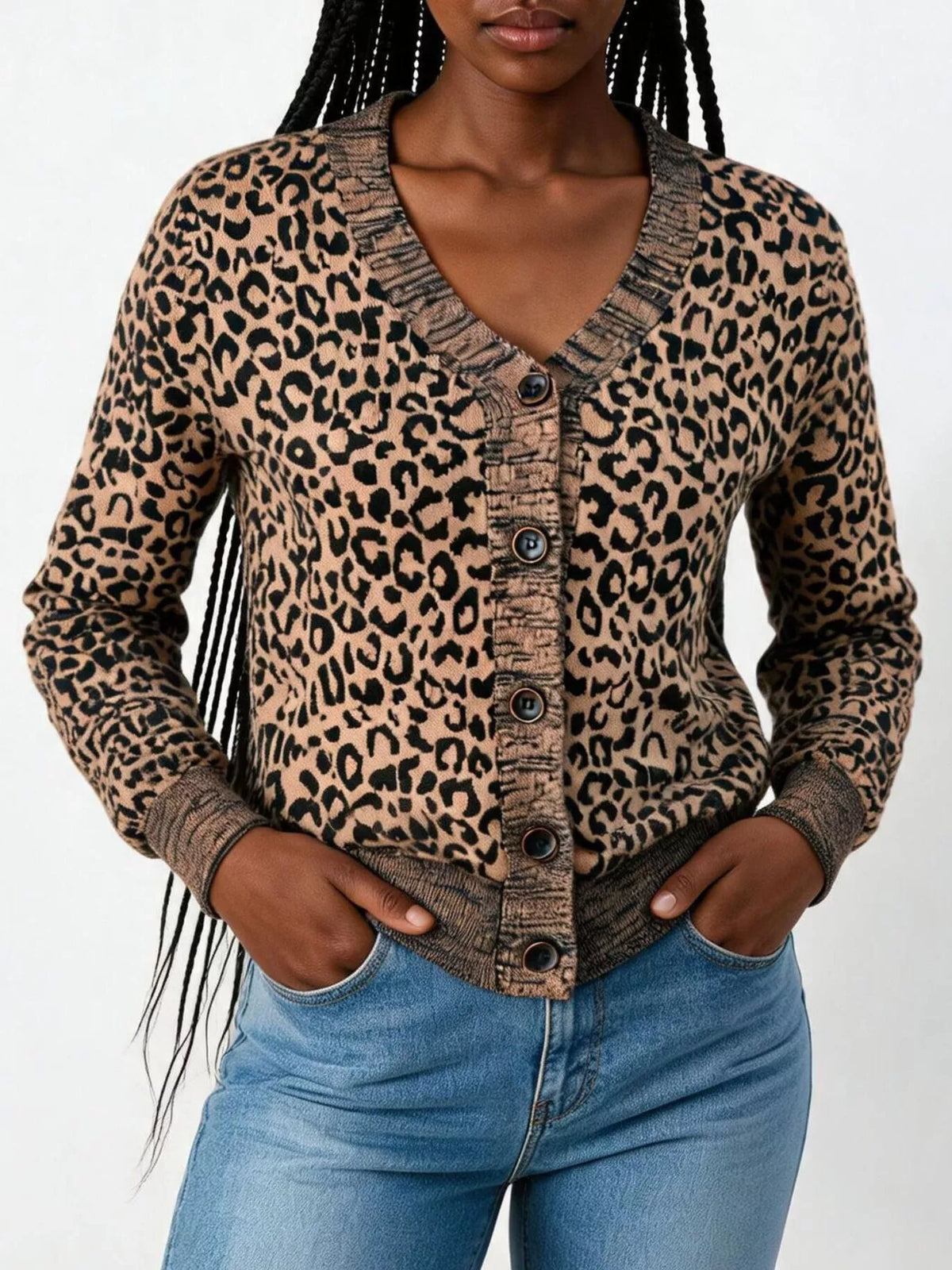 Leopard V-Neck Button-Down Cardigan