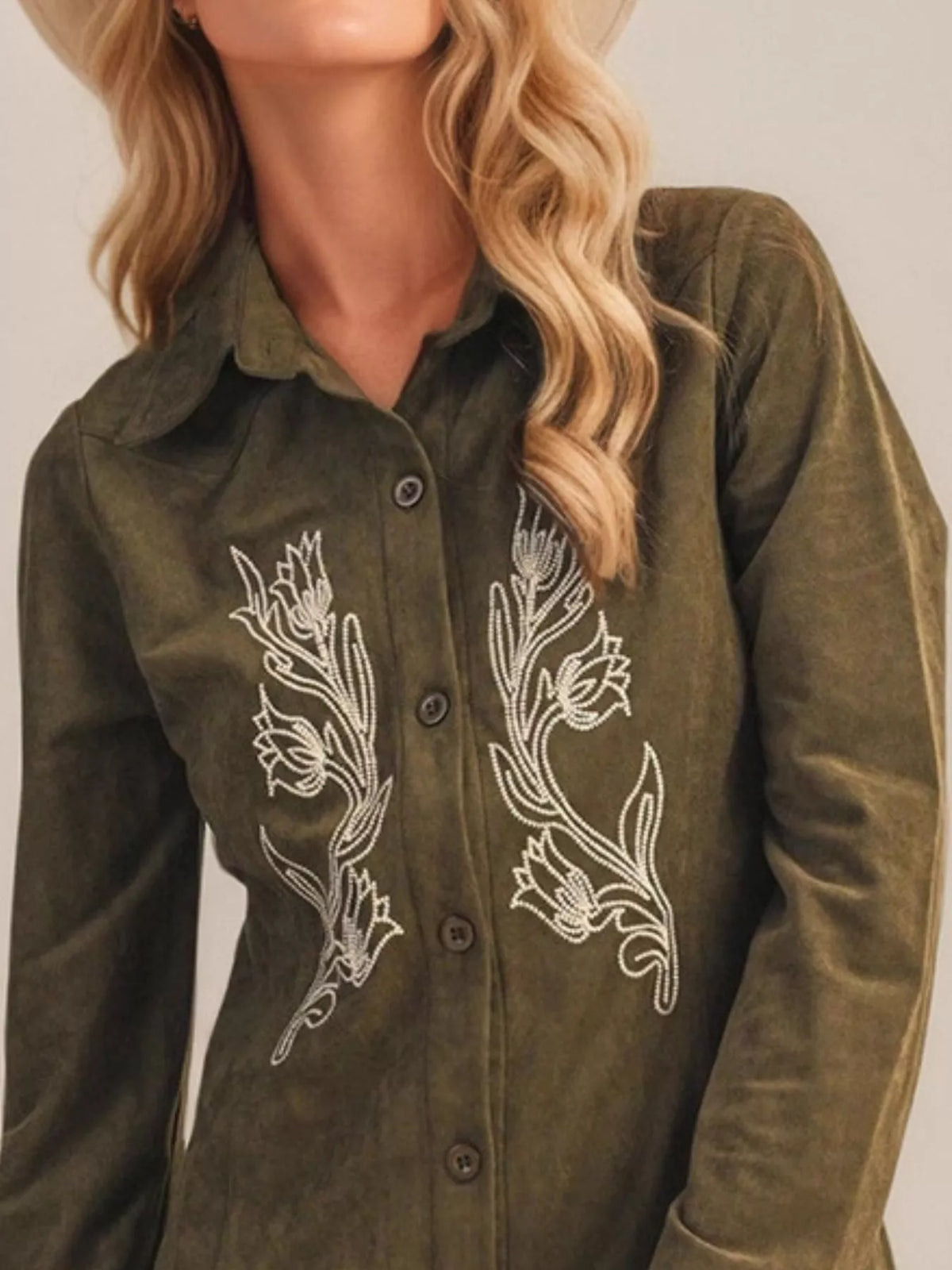 Floral Embroidered Button-Down Shirt Dress