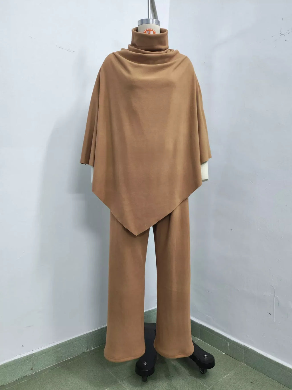Full Size Turtleneck Poncho and Wide-Leg Pants Set Plus Size