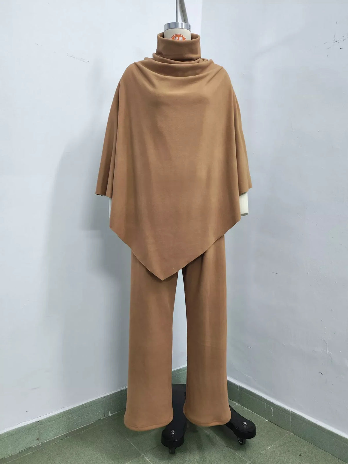 Full Size Turtleneck Poncho and Wide-Leg Pants Set Plus Size