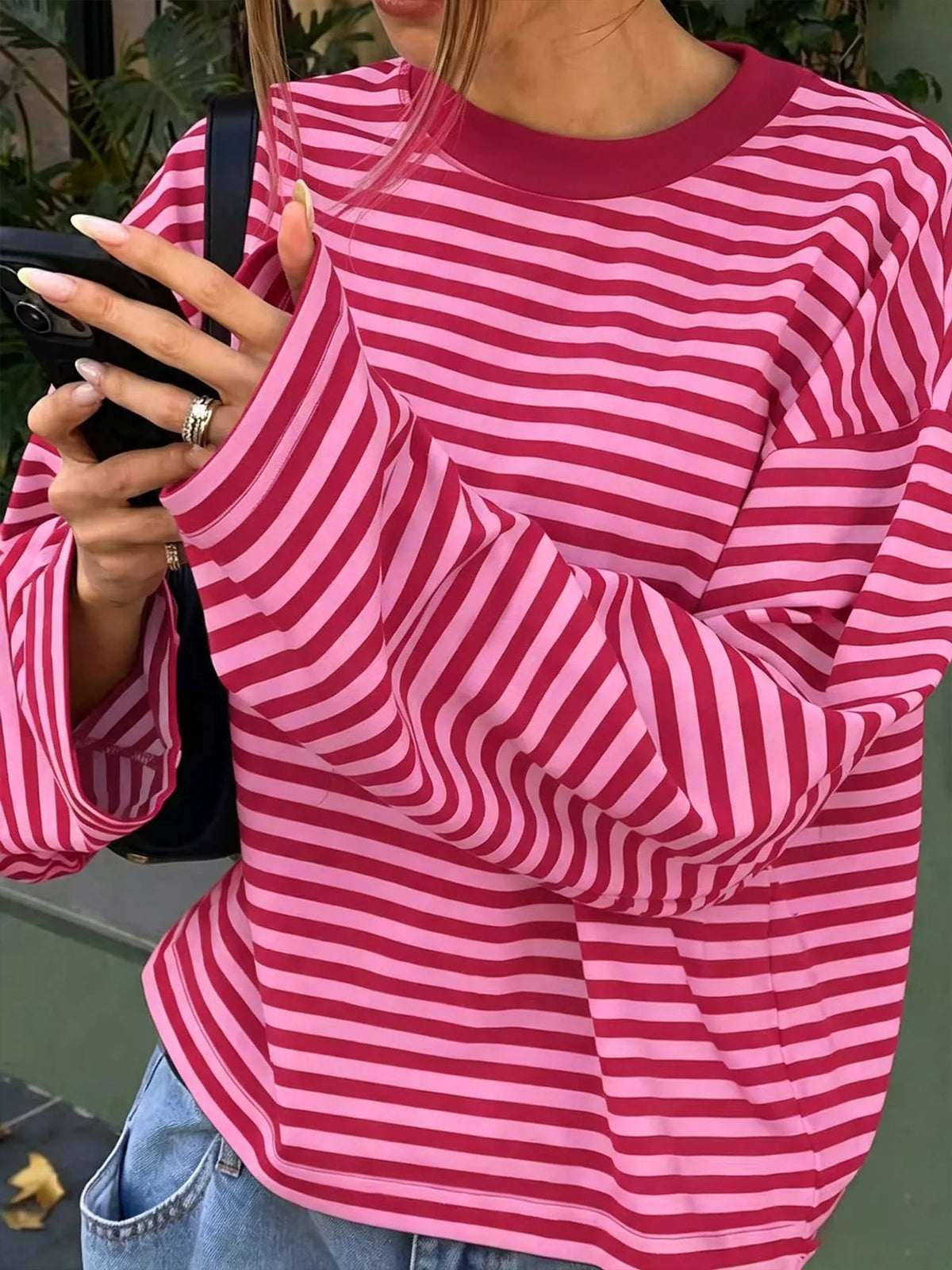 Full Size Casual Long-Sleeve Striped Crew Neck T-Shirt Plus Size