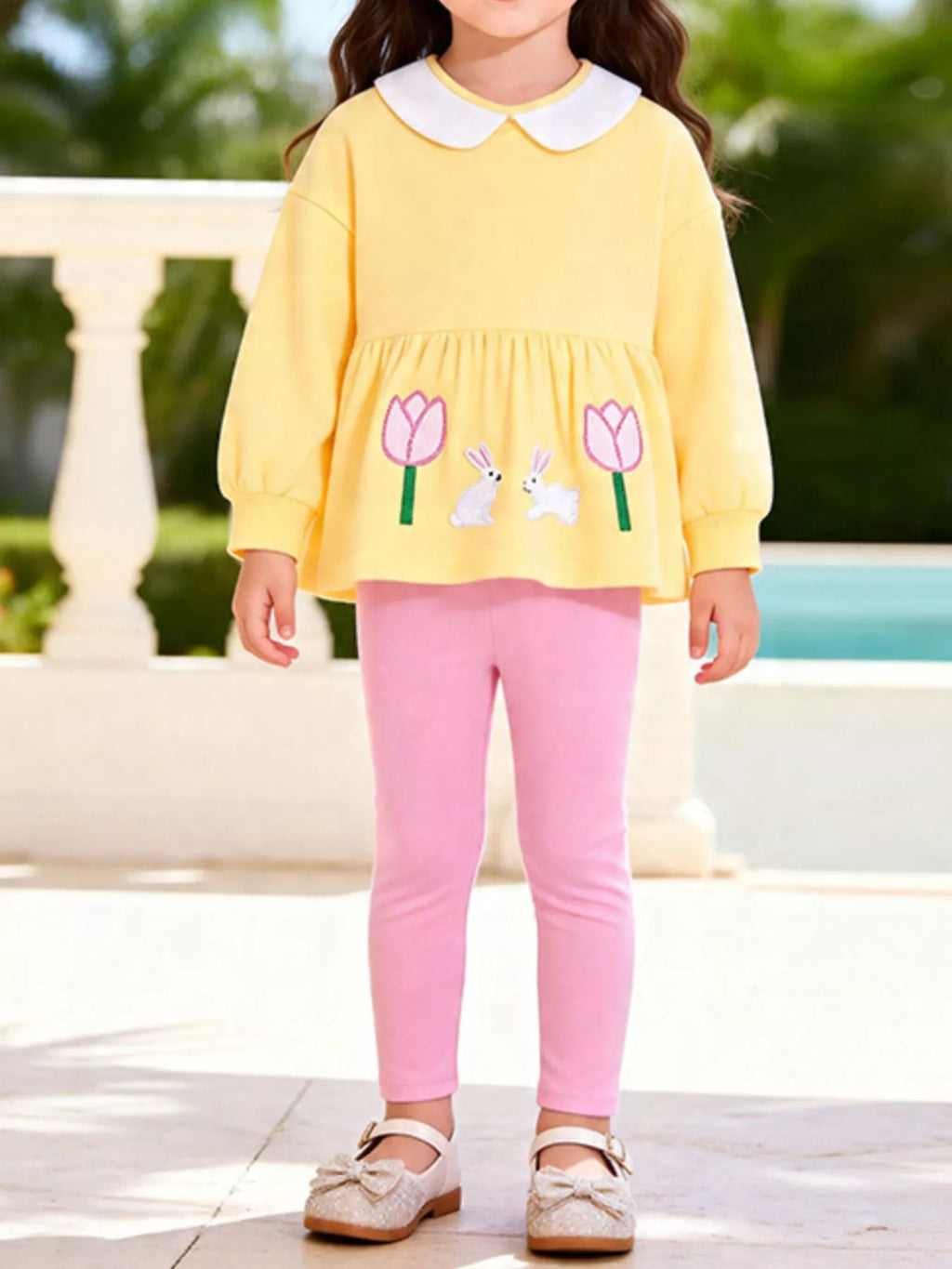 Children's Peter Pan Collar Bunny Peplum Sweatshirt and Leggings Set