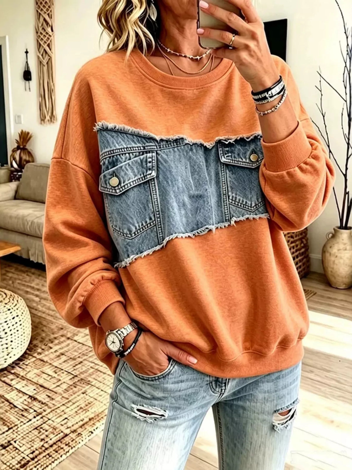 Full Size Denim Patchwork Dropped Shoulder Sweatshirt Plus Size
