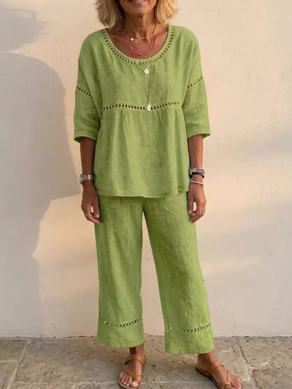 Full Size Hollow-Out Detailing Top and Pants Set Plus Size