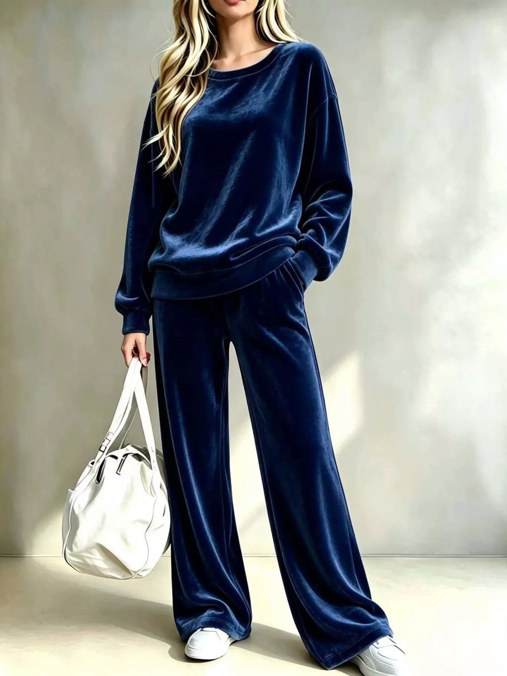 Full Size Dropped Shoulder Velvet Top and Wide Leg Pants Set Plus Size