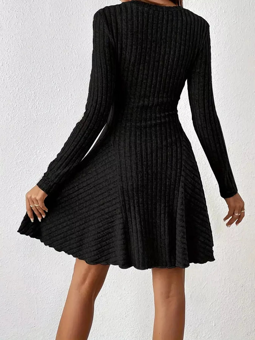V-Neck Ribbed Knit A-Line Dress