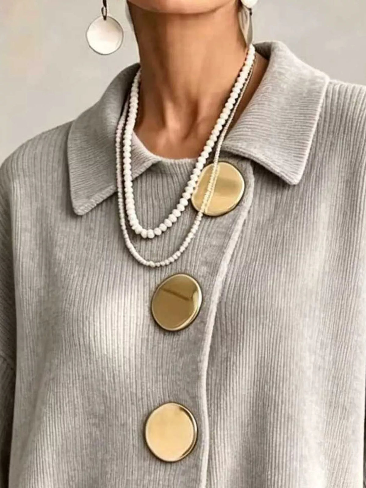 Full Size Ribbed Knit Gold Buttons Cardigan Plus Size