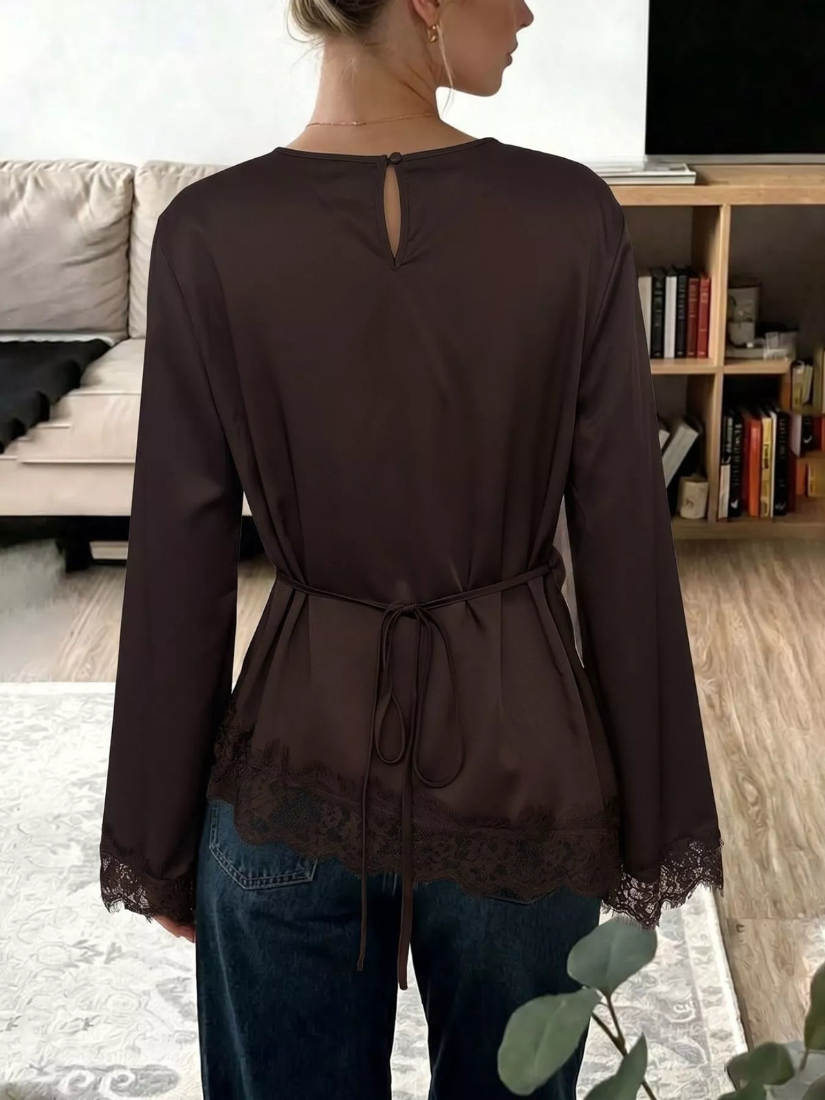Lace Trim Long Sleeve Satin Blouse
