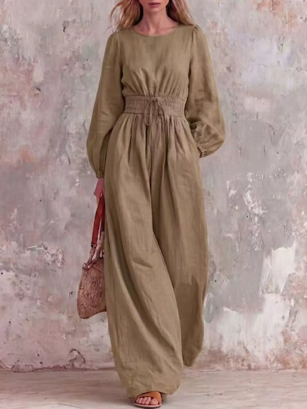 Smocked Waist Long-Sleeve Jumpsuit