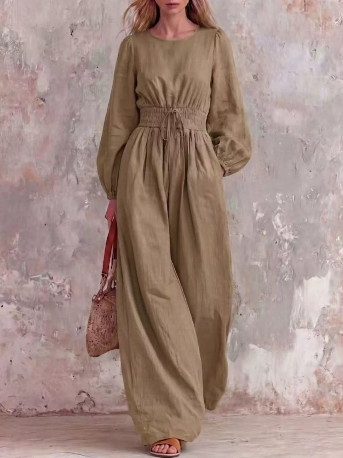 Smocked Waist Long-Sleeve Jumpsuit