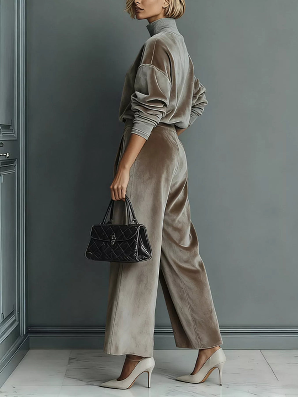 Full Size Elegant Velvet Mock Neck Long Sleeve Top and Wide-Leg Pants Set Plus Size