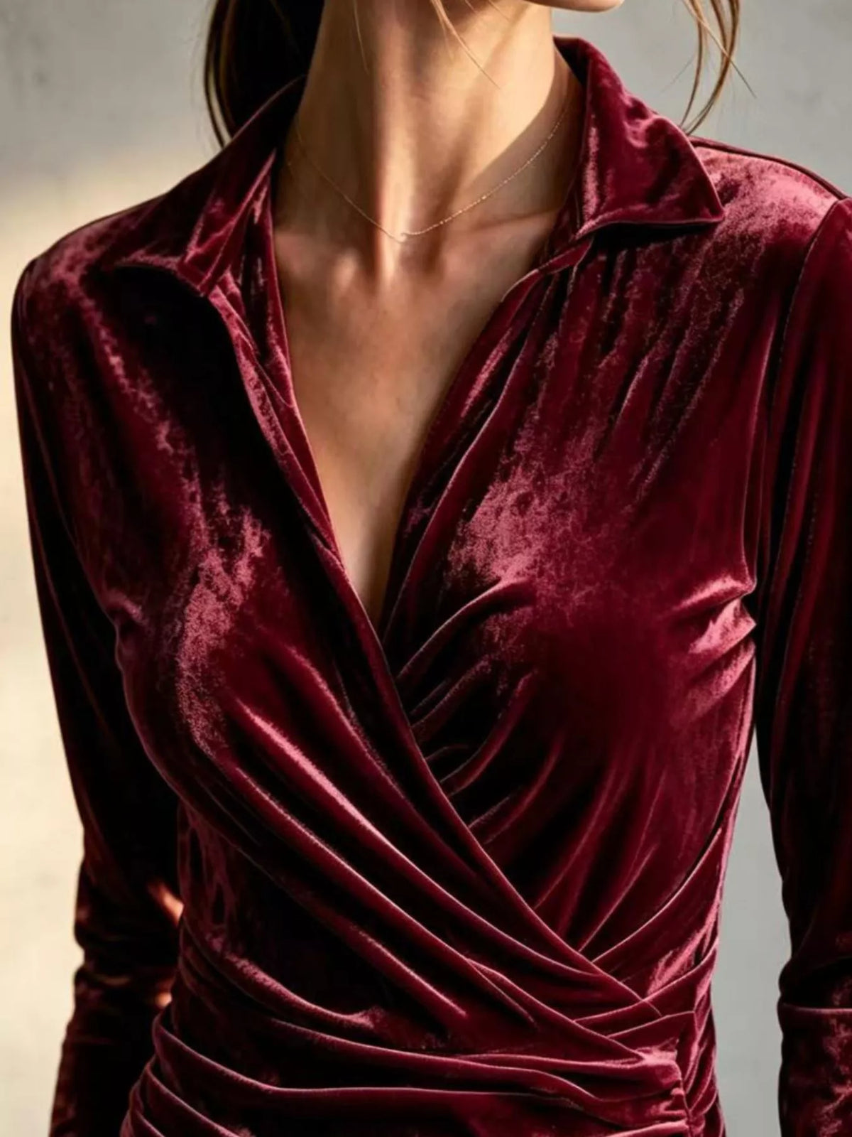 Full Size Velvet Wrap Blouse with Ruched Detail Plus Size