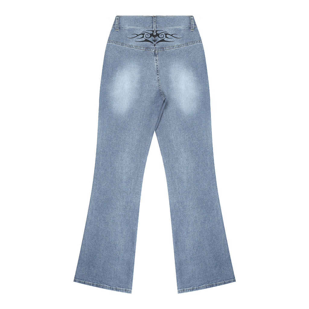 Stylish Slim-fit Denim Jeans With A Personalized Street-style Retro Hip-hop Print