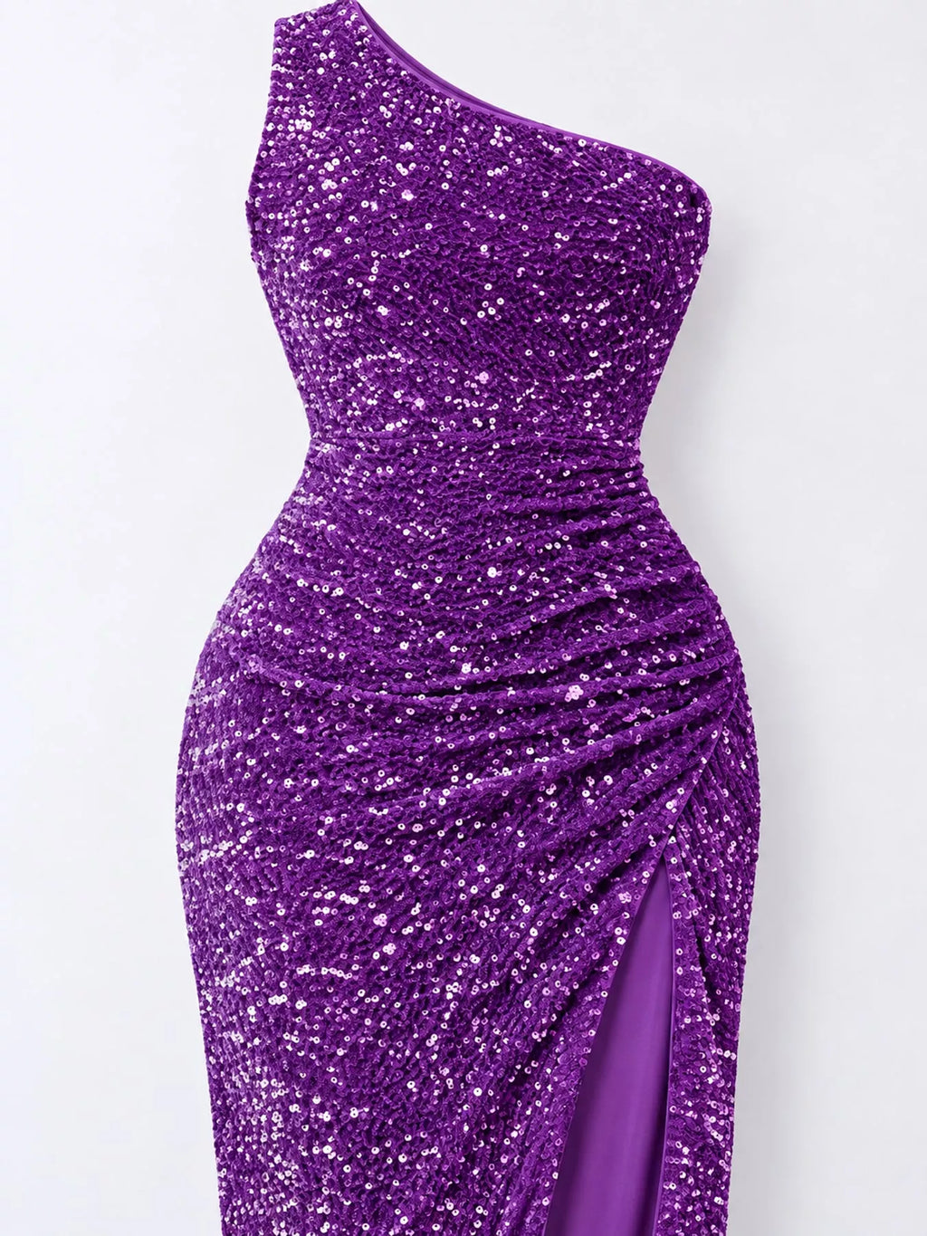 One-Shoulder Ruched Sequin High-Slit Evening Dress