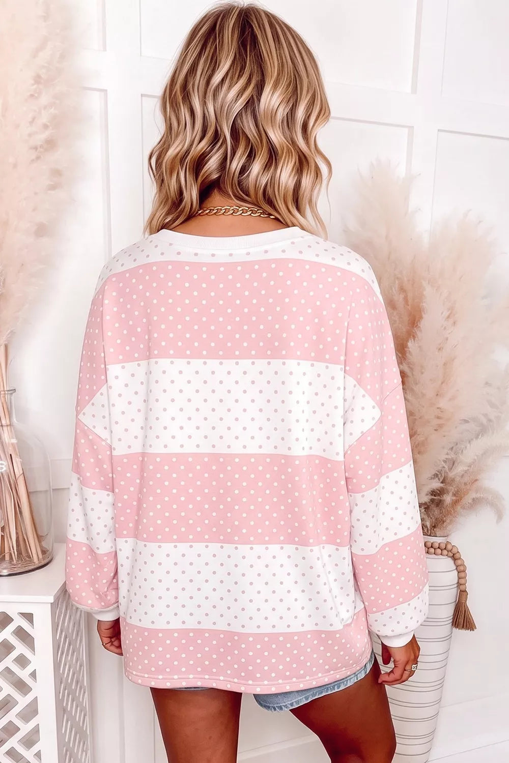 Casual Color-Block Polka Dot Long Sleeve Top