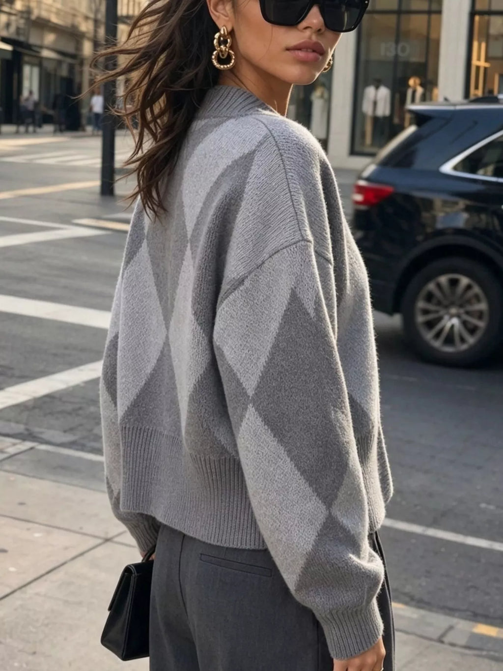 Argyle Pattern V-Neck Button-Down Cardigan