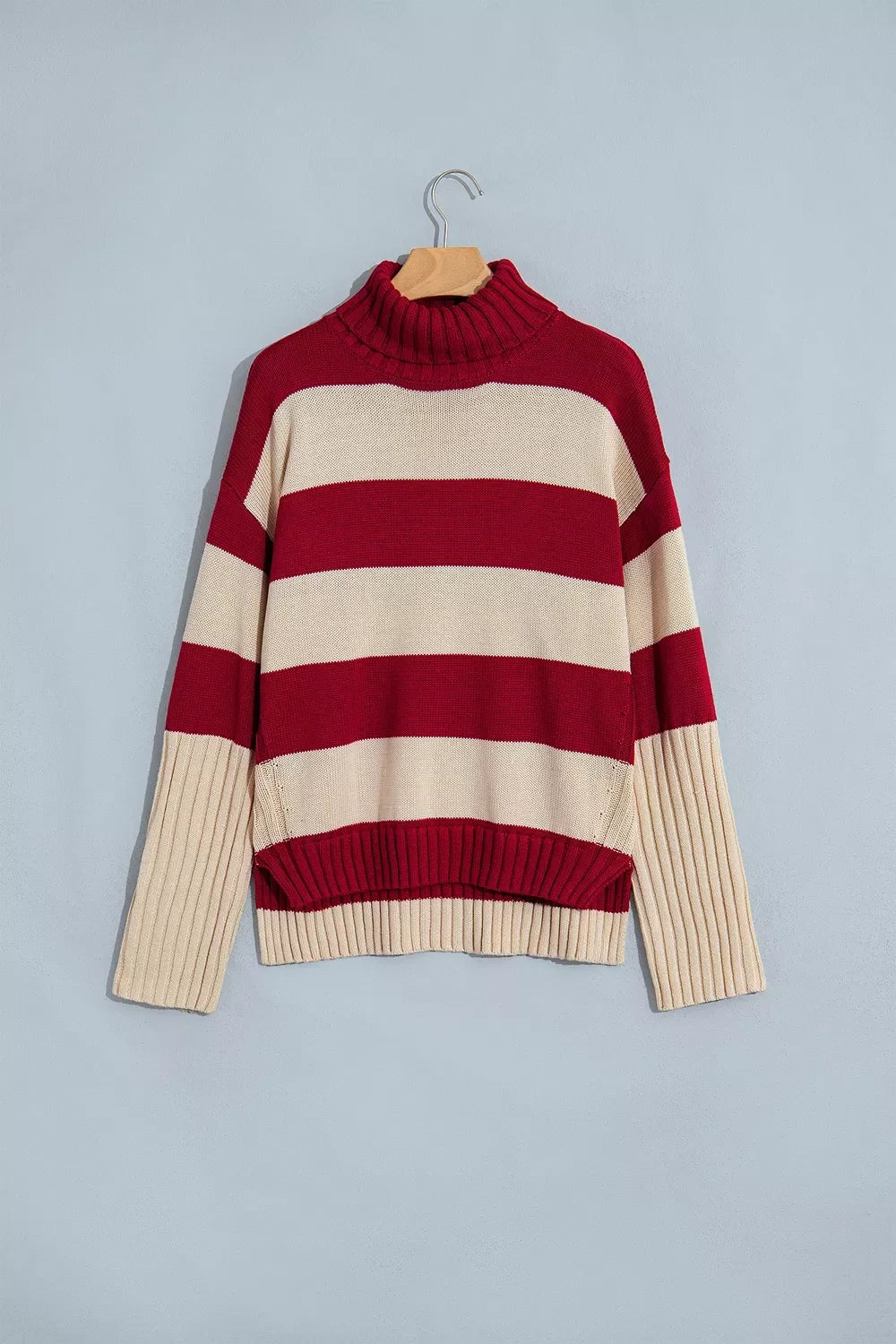 Stripe Ribbed Trim High Neck Relaxed Pullover Sweater