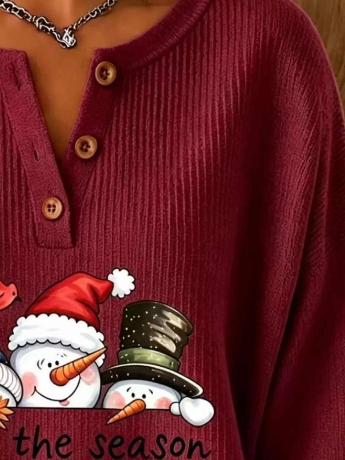 Full Size Christmas Themed Snowman Graphic Ribbed Henley Sweatshirt Plus Size