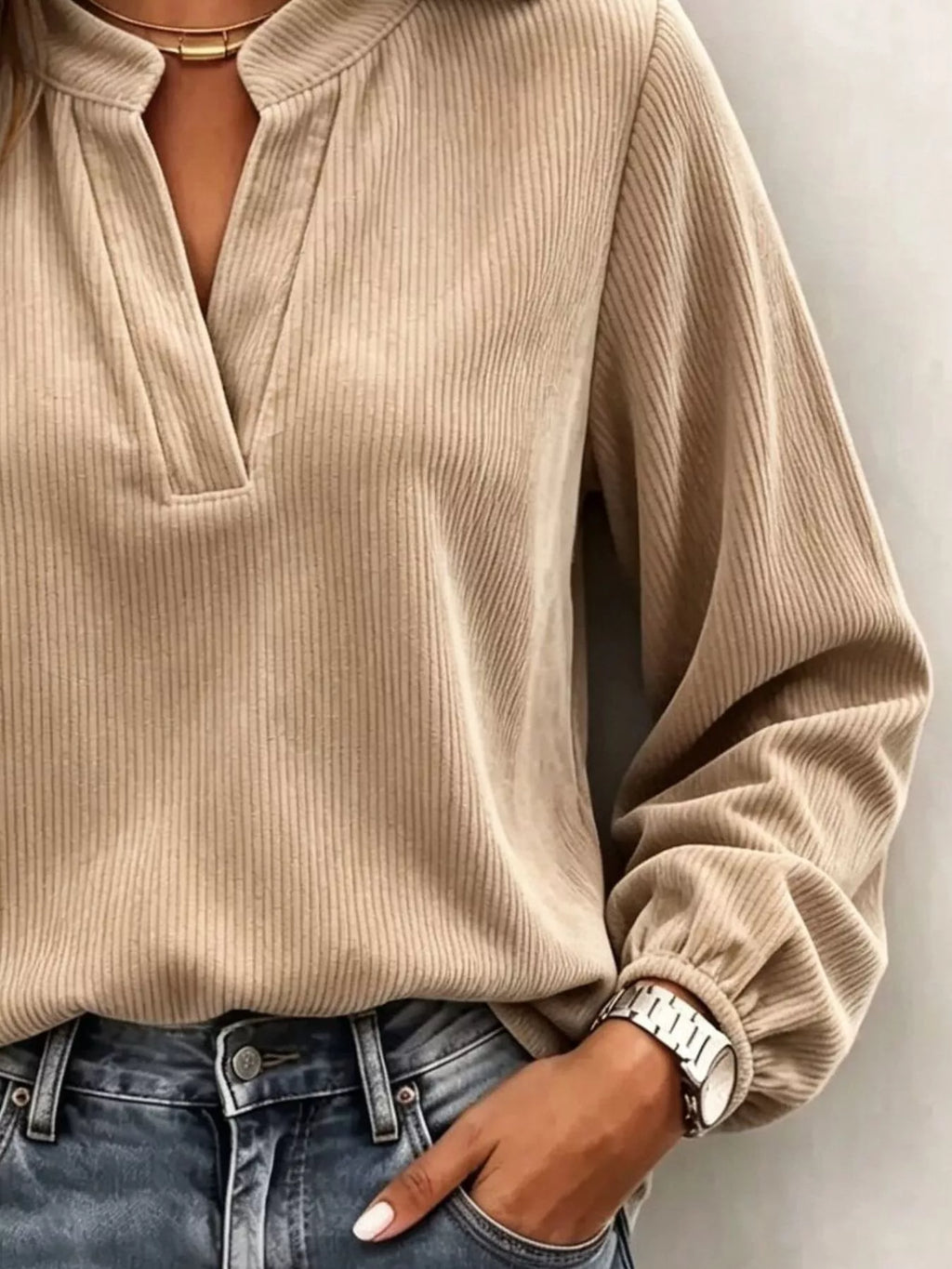 Full Size Corduroy Notched Long Sleeve Top Plus Size