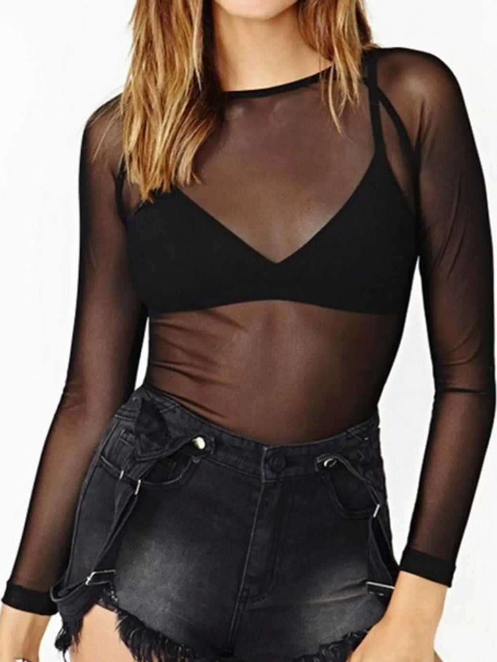 Full Size Sheer Mesh Long Sleeve Top Plus Size