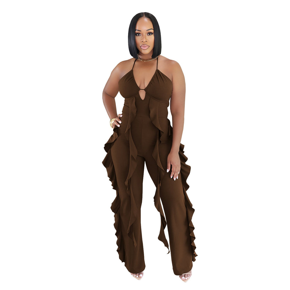 C7836 Cross-border 2026 New Women's Elegant Neck V-neck Ruffled High Waist Slimming Wide Leg Party Jumpsuit