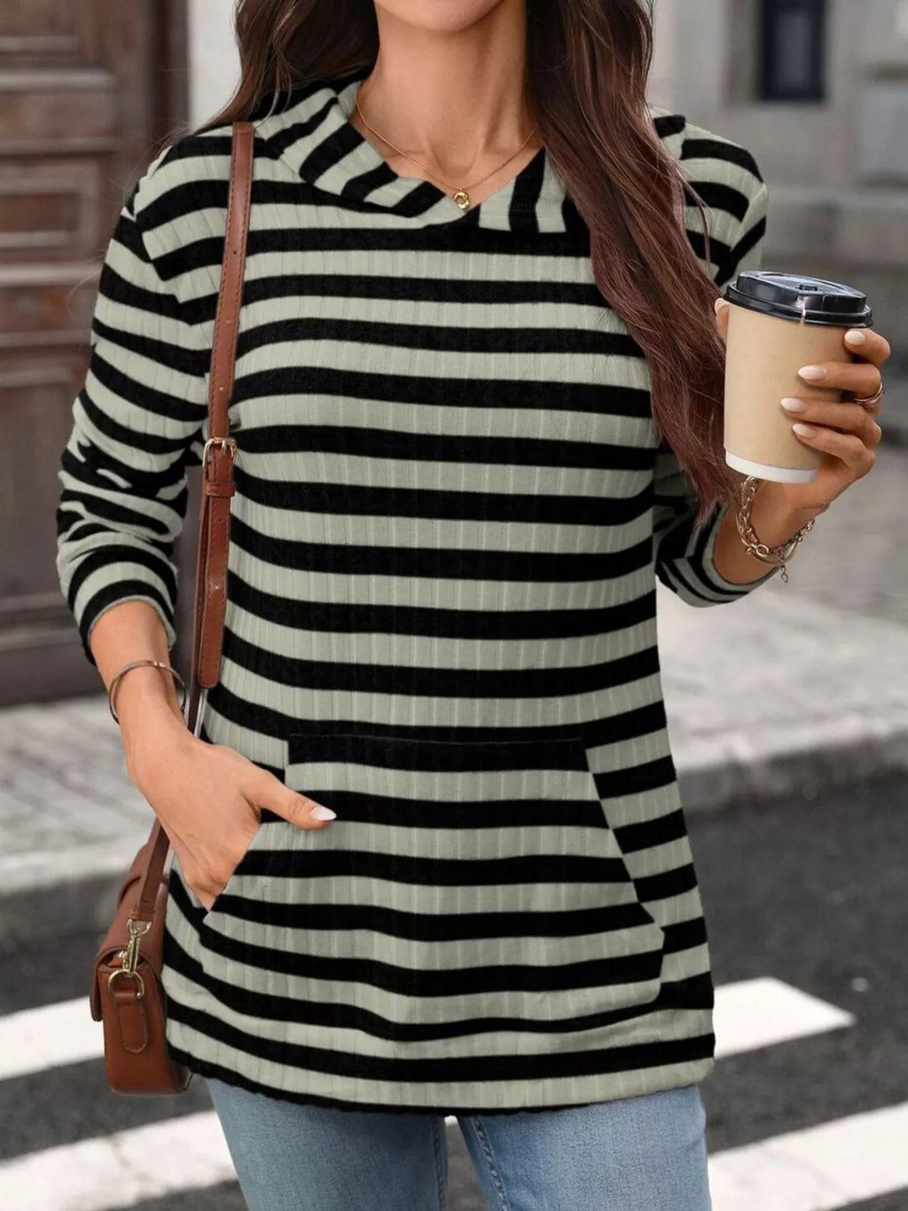 Casual Striped Ribbed Knit Hoodie with Kangaroo Pocket