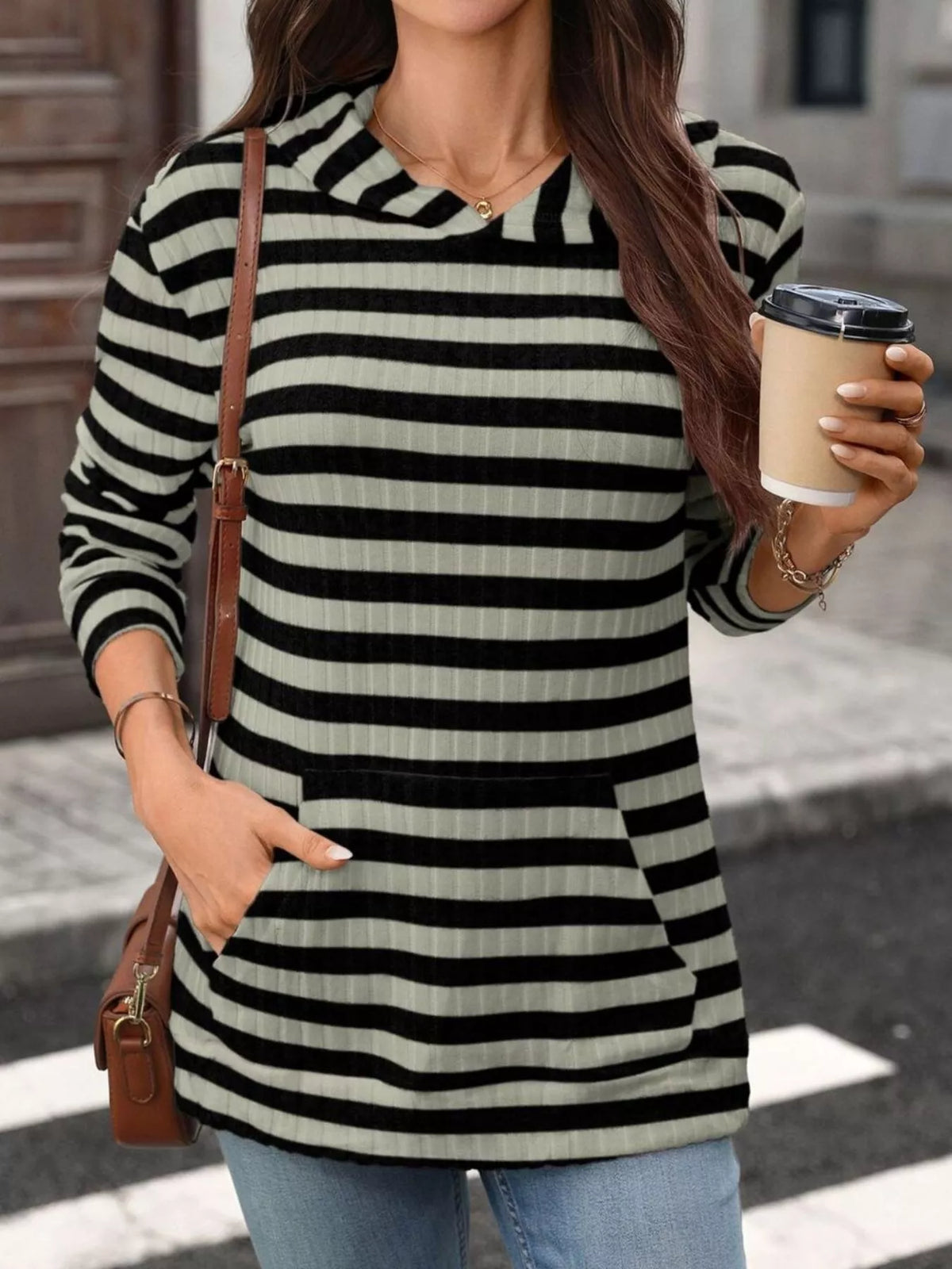 Casual Striped Ribbed Knit Hoodie with Kangaroo Pocket