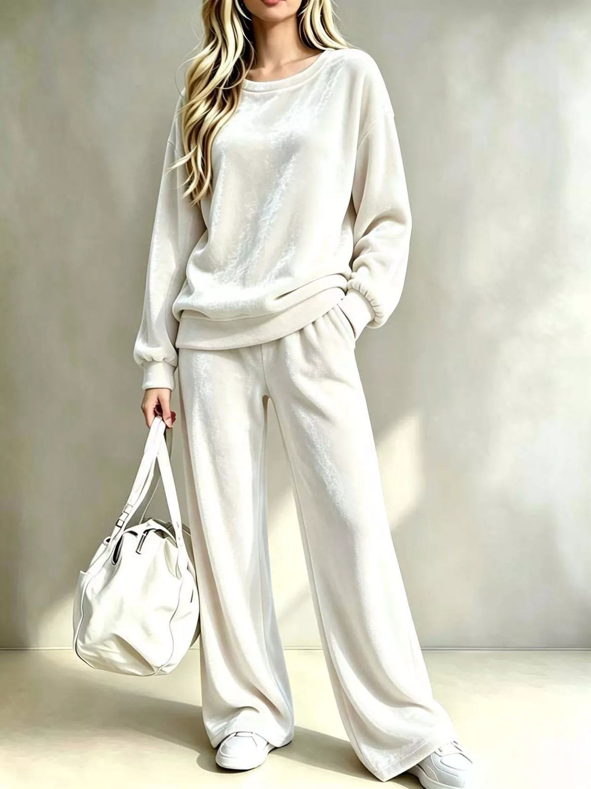 Full Size Dropped Shoulder Velvet Top and Wide Leg Pants Set Plus Size