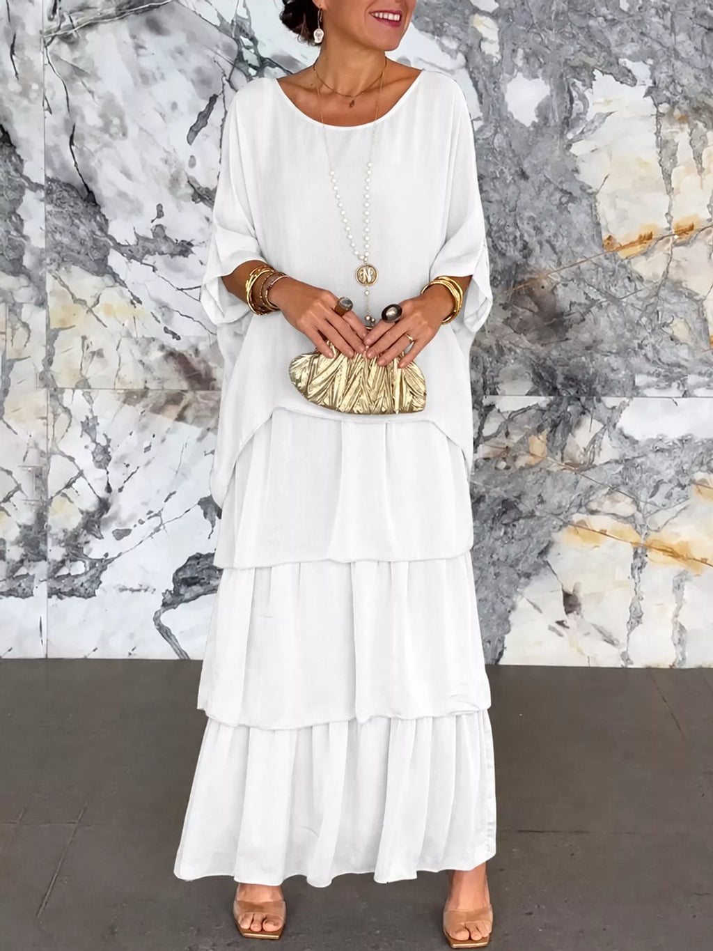Full Size Layered Batwing Sleeve Maxi Dress Plus Size