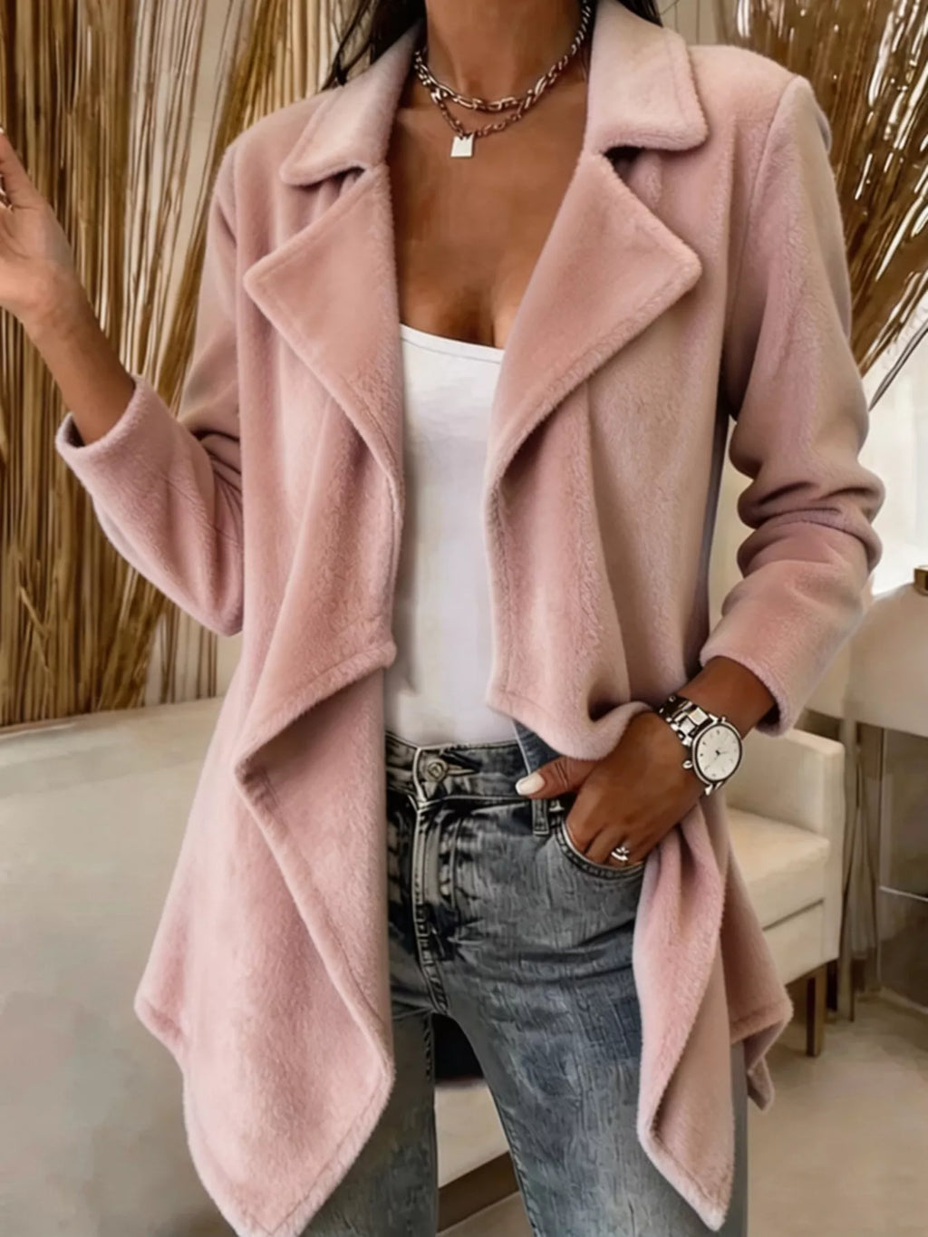 Full Size Fleece Waterfall Collar Outerwear Plus Size
