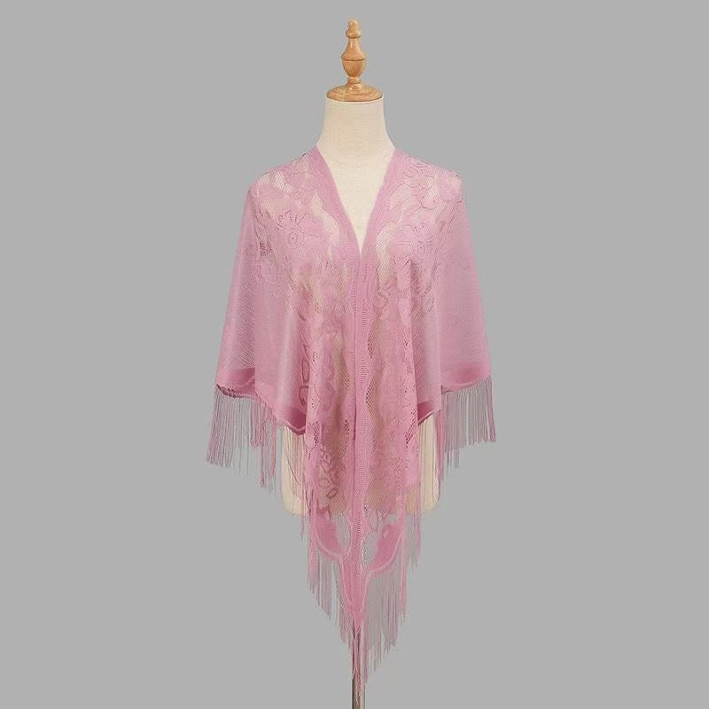 Womens Breathable Lace Triangle Shawl With Floral Design