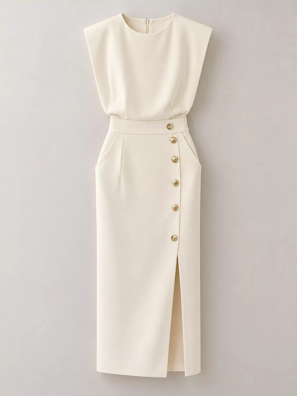 Sleeveless Midi Dress with Gold Button Detail and Side Slit