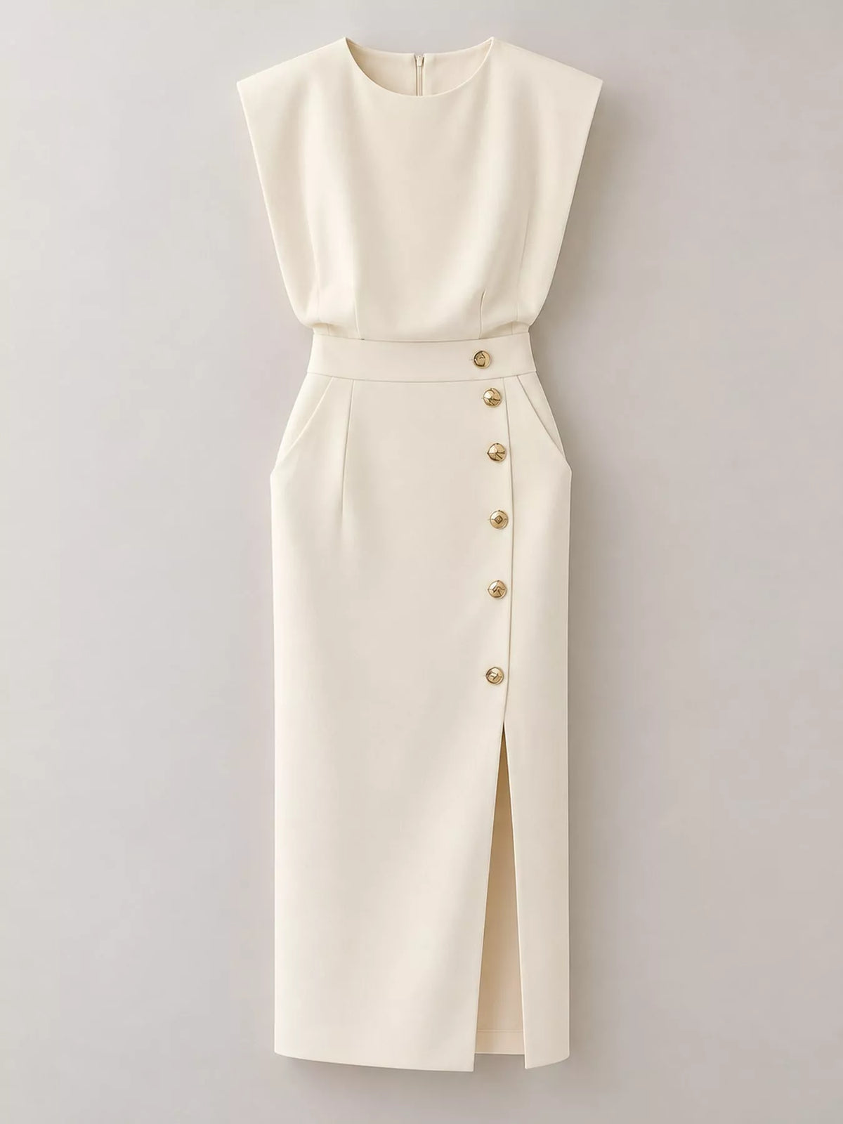 Sleeveless Midi Dress with Gold Button Detail and Side Slit