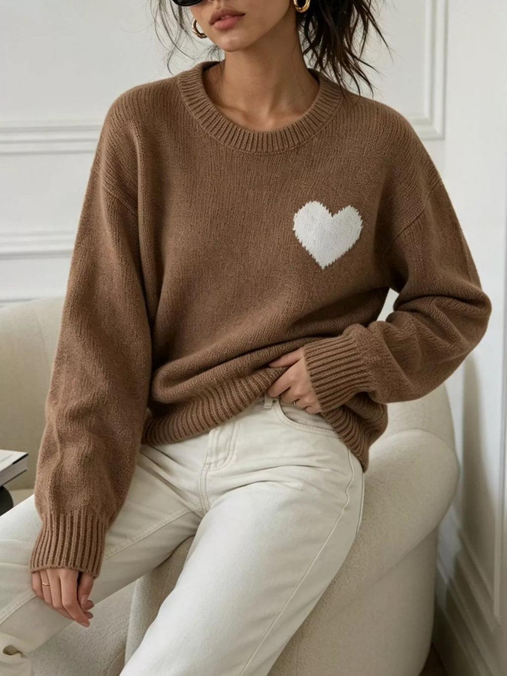 Heart Pattern Round Neck Sweater