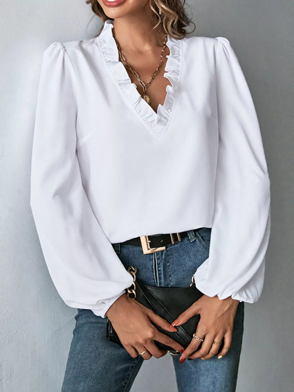 Ruffled Trim V-Neck Blouse