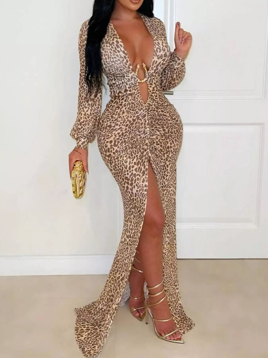 Leopard Print Deep V-Neck Long Sleeve High Slit Maxi Dress