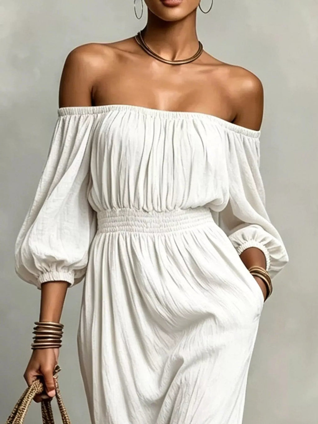 t Off-Shoulder Smocked Waist Maxi Dress