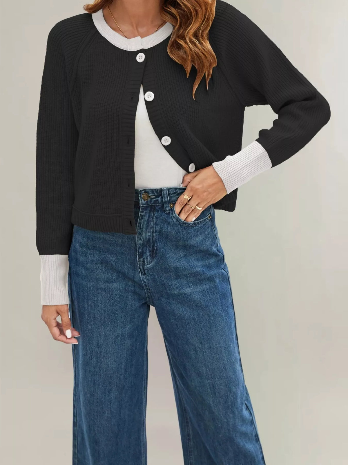 Color Block Ribbed Knit Button-Front Cardigan