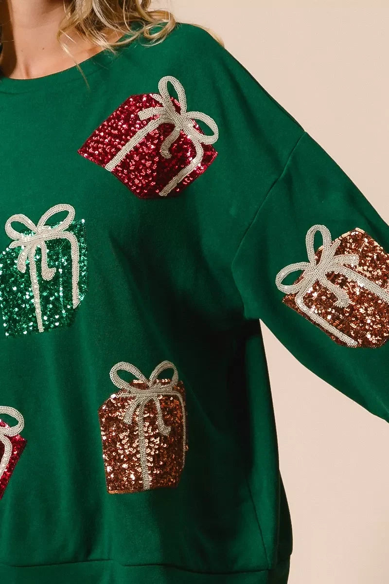 BiBi Sequin Christmas Gift Box Embroideries Pullover